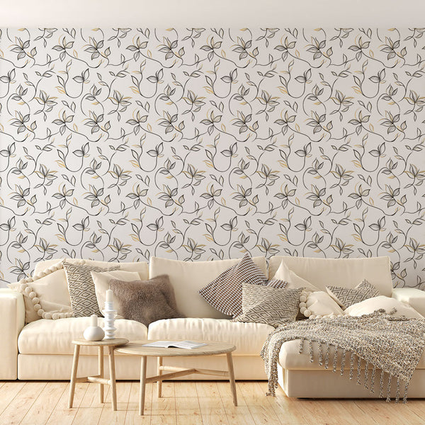 Minimalist Leaf Wallpaper | Black & Gold Wall Mural