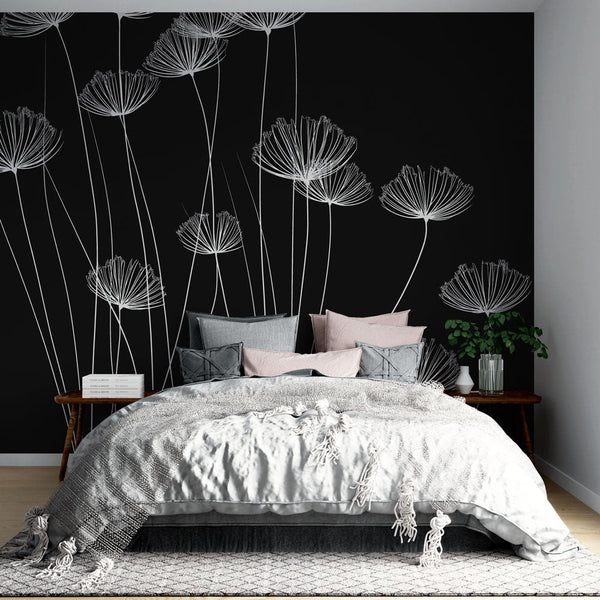 Minimalist floral wallpaper | White blooms on black wall mural