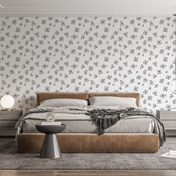 Minimalist Floral Wallpaper | Tiny Black Blooms on White
