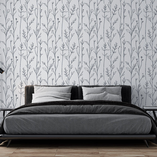 Minimalist Floral Wallpaper | Black White Stems Wall Mural
