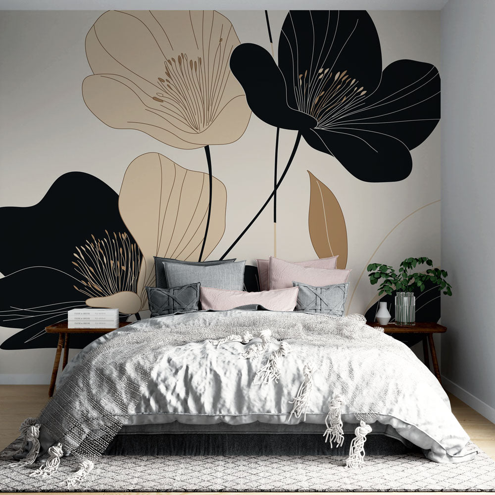 Modern Floral Wallpaper Black Beige White Mural