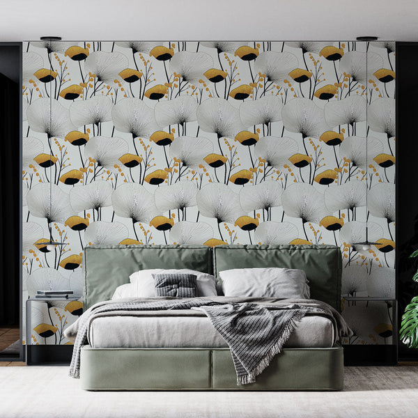 Modern White & Yellow Floral Wallpaper with Black