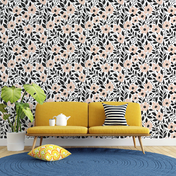 Modern Floral Wallpaper | Pink Blooms and Black Leaves