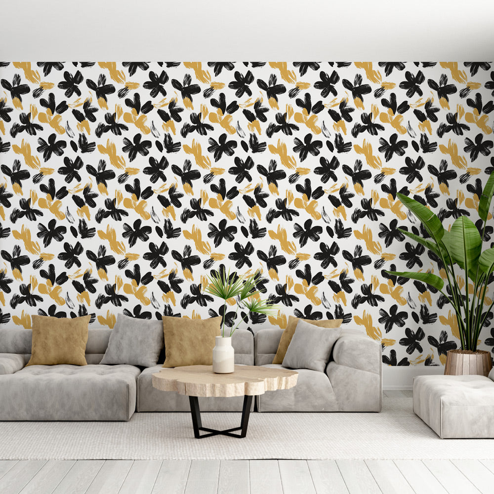 Modern Floral Wallpaper | Black and Gold Wall Mural White Ground