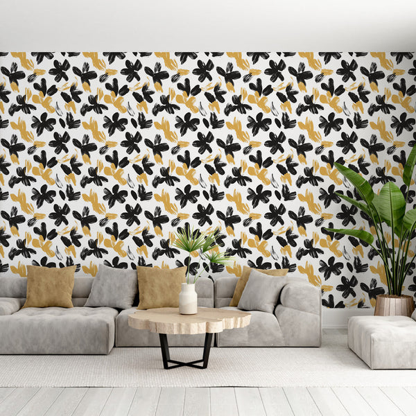 Modern Floral Wallpaper | Black and Gold Wall Mural White Ground