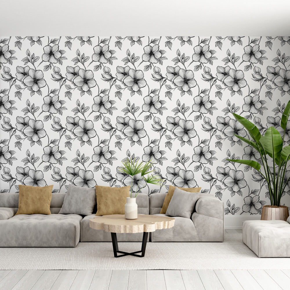 Monochrome Floral Wallpaper | Black & White Mural