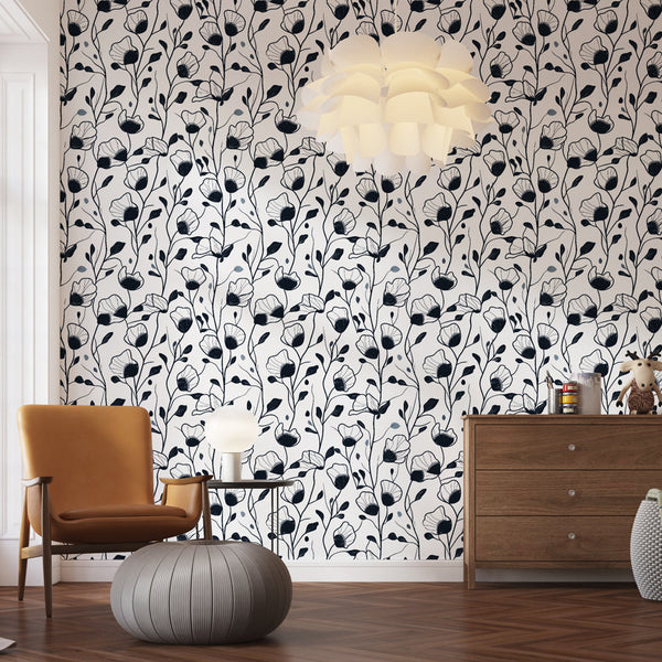 Monochrome Floral Wallpaper | Flowers and Foliage Wall Mural