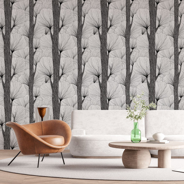Monochrome Floral Wallpaper | Flowers and Tree Trunks Mural
