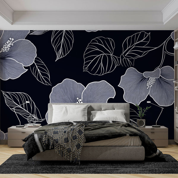White Hibiscus Wallpaper Black Wall Mural