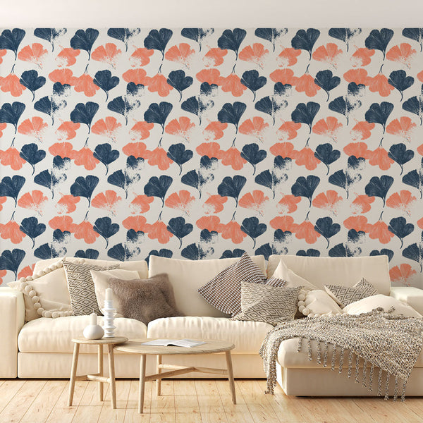 Floral Wallpaper | Navy & Coral Leaves on White