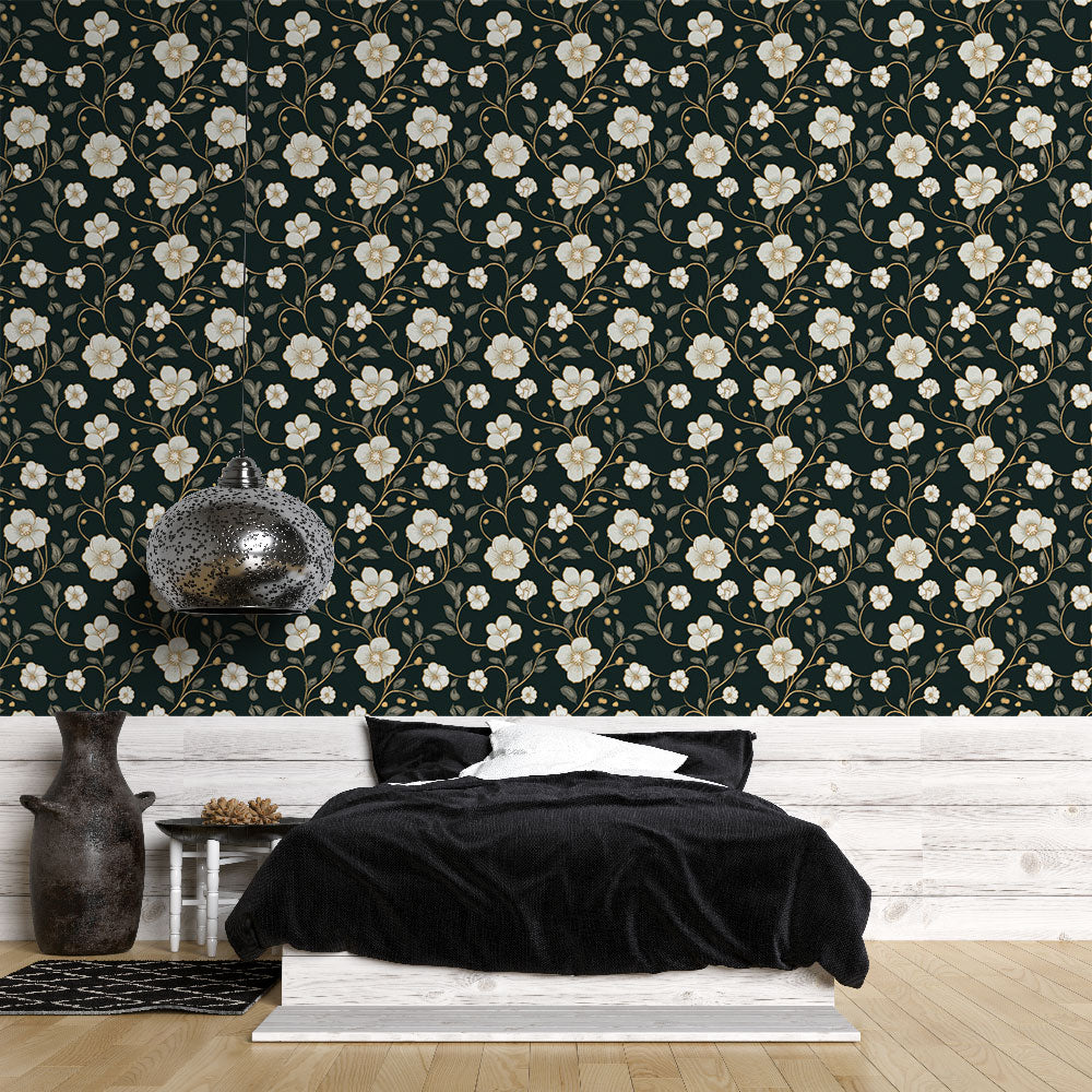 Floral Wallpaper | Delicate White Blooms on a Black Ground