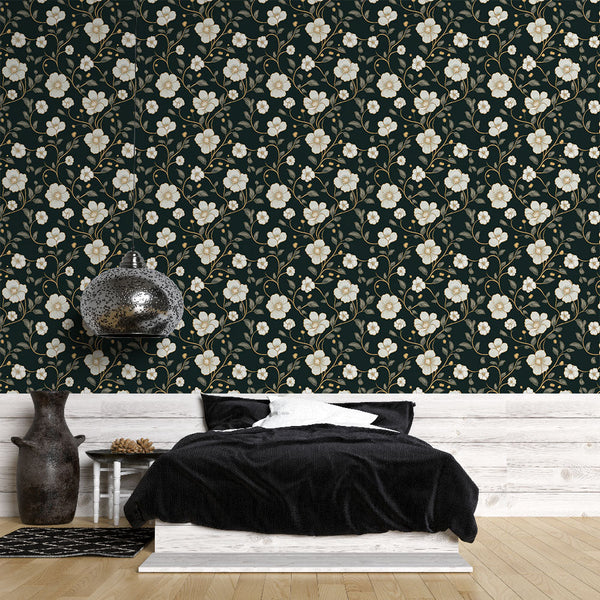 Floral Wallpaper | Delicate White Blooms on a Black Ground