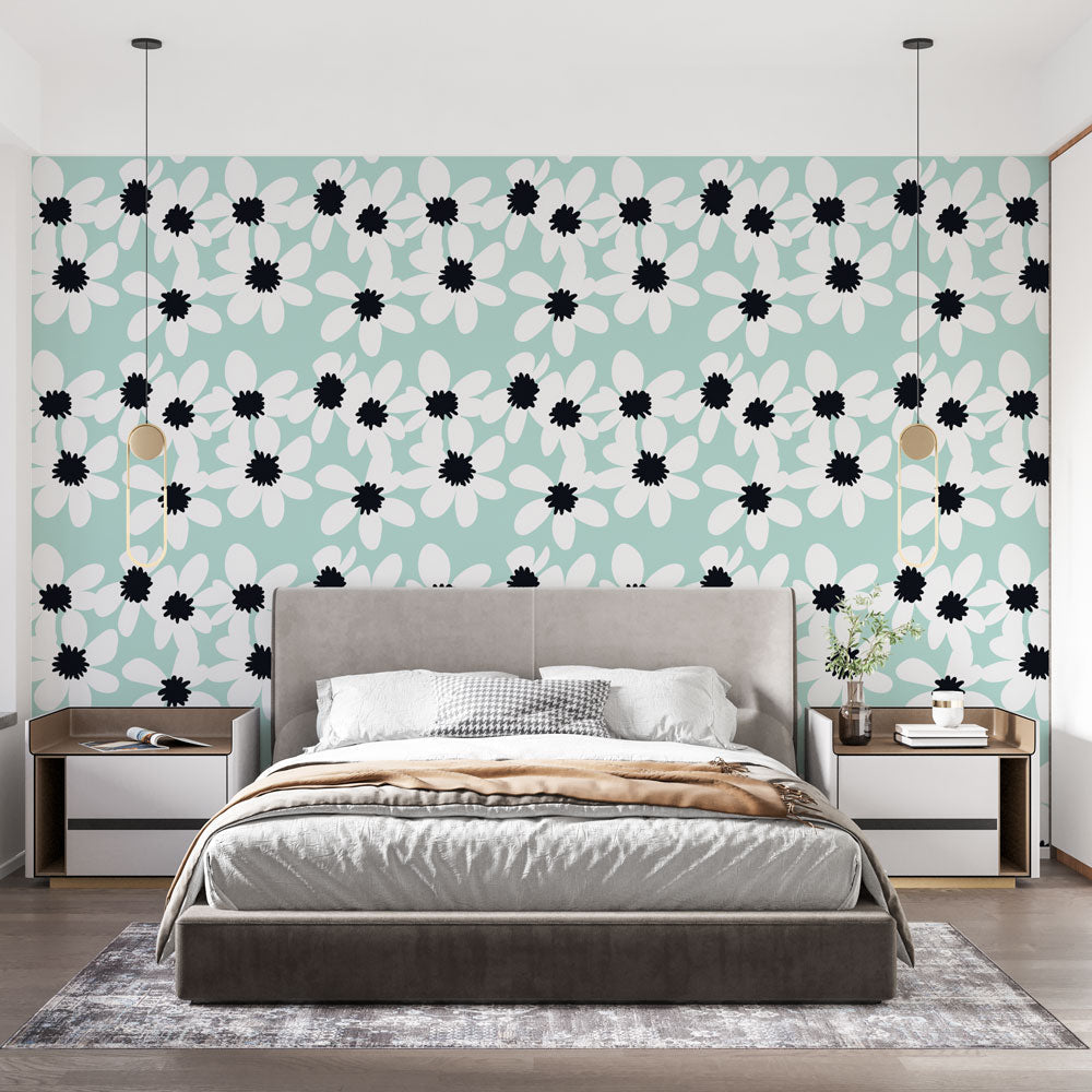 Floral Wallpaper | White Blooms Wall Mural on Soft Green
