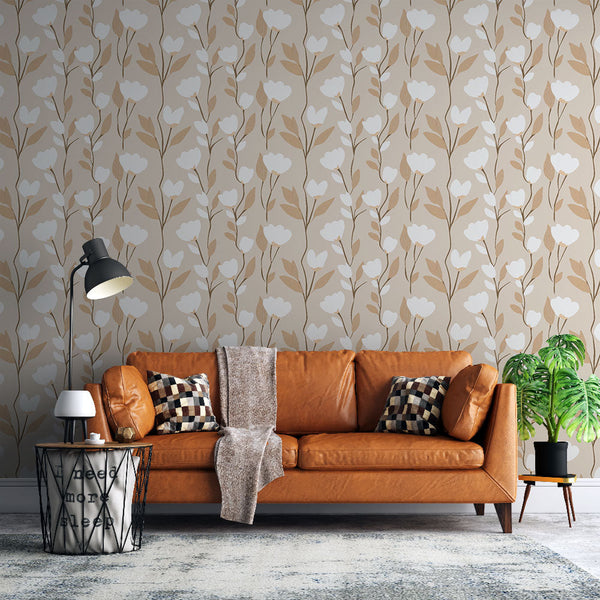 White Blooms Wallpaper | Beige Branches Wall Mural