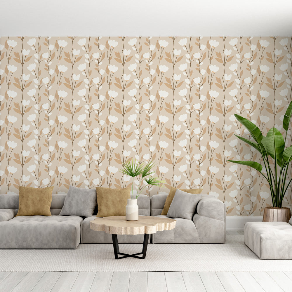 White Floral Wallpaper | Watercolor Beige Wall Mural