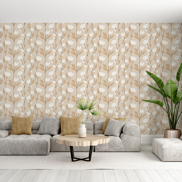 White Floral Wallpaper | Watercolor Beige Wall Mural