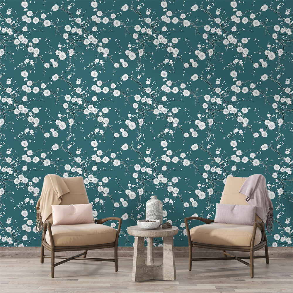 Floral Wallpaper | White Blooms on Teal Blue Wall Mural