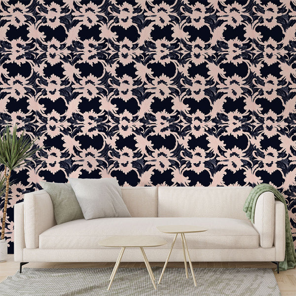 Floral Wallpaper | White Flowers on Marine Blue Ground