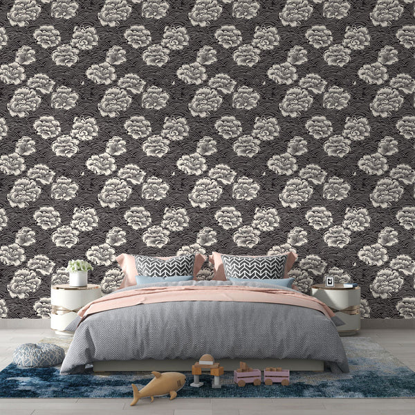 Floral Wallpaper | White Blooms on Rippled Black