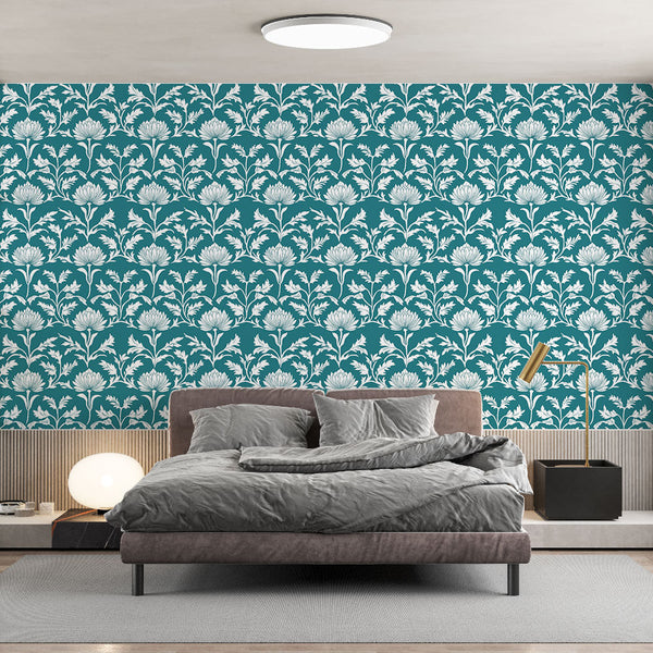 Floral Wallpaper | White Blooms on Teal Wall Mural