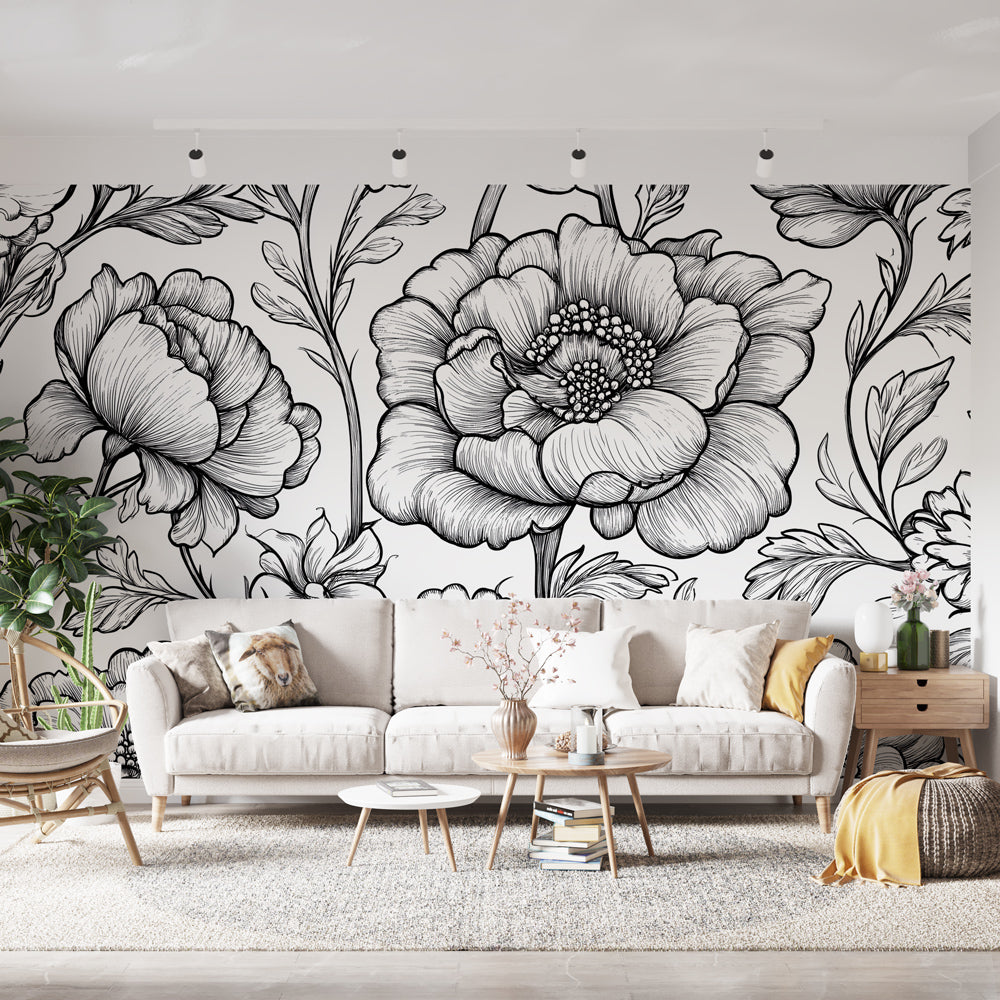 Floral Wallpaper - Delicate Black and White Flower Motif