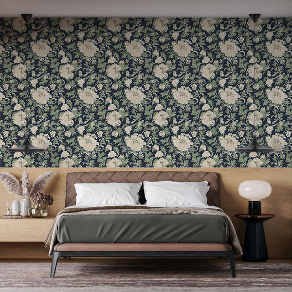 Floral Wallpaper | Delicate Blooms on a Navy Blue Ground