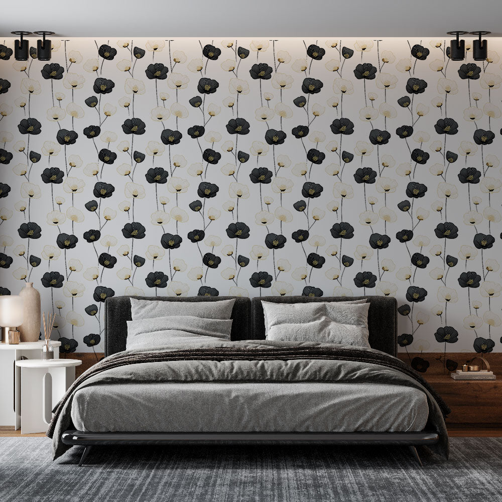 Floral Wallpaper | Black White Flowers Light Wall Mural