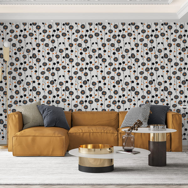 Black Orange Floral Wallpaper | White Wall Mural