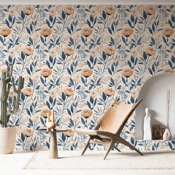 Floral Wallpaper | Orange Flowers & Navy Leaves Mural