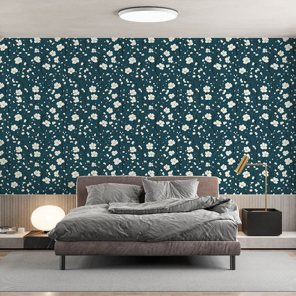 Floral Wallpaper | Tiny White Flowers on Navy Wall Mural