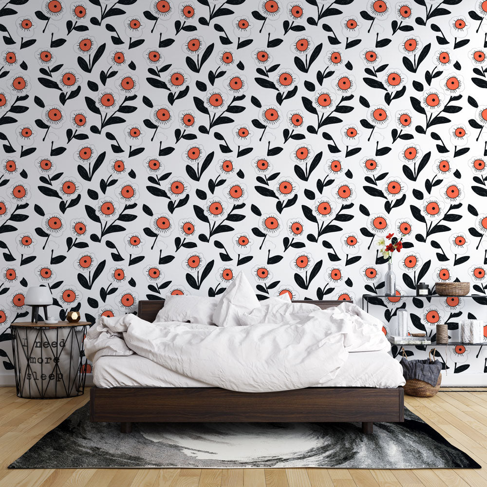 Vivid Bloom Wallpaper | Red & Black Floral Mural