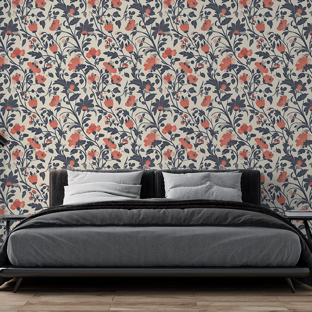 Floral Wallpaper | Pastel Blooms with Coral & Navy Wall Mural