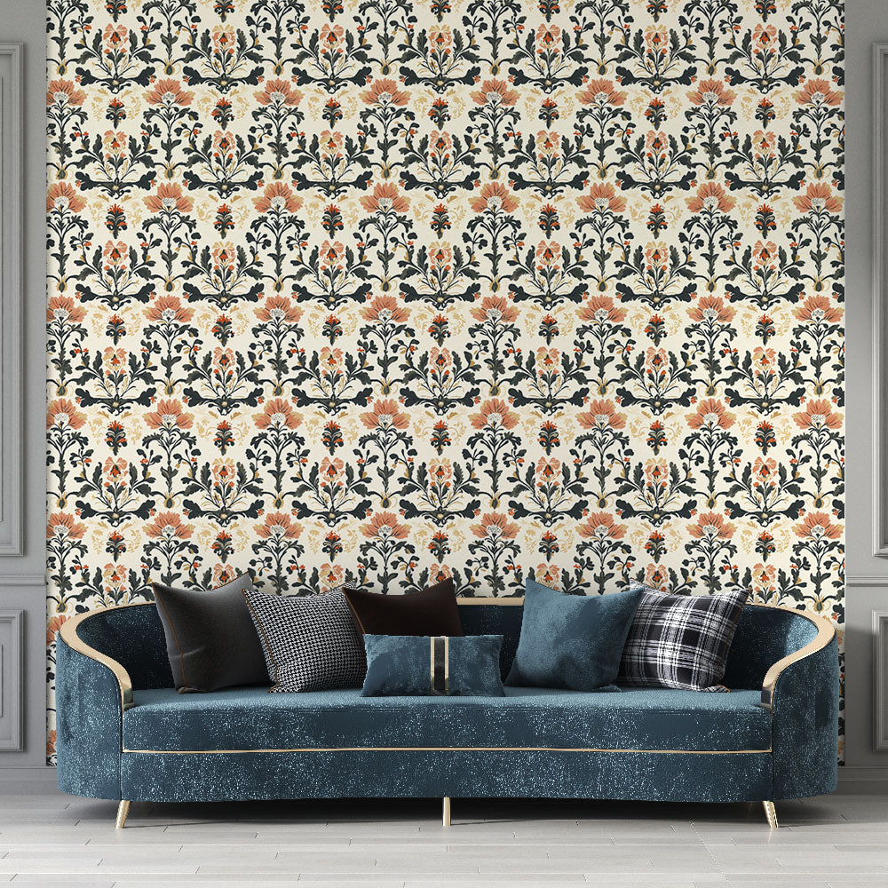 Pink Floral Wallpaper on Cream | Navy Foliage Wall Mural