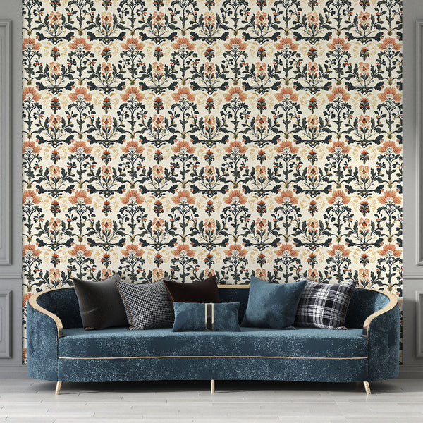 Pink Floral Wallpaper on Cream | Navy Foliage Wall Mural