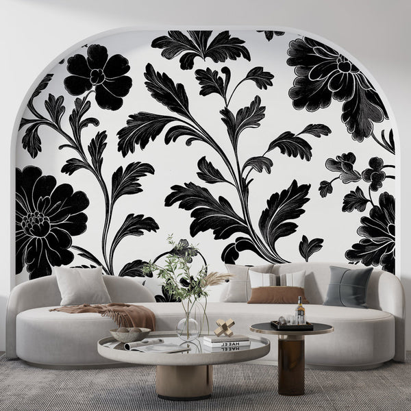 Floral wallpaper | Elegant black and white wall mural
