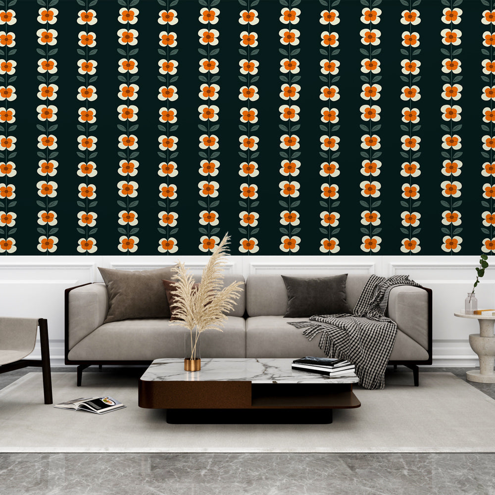 Vertical Floral Wallpaper | Orange White Bloom Black Mural