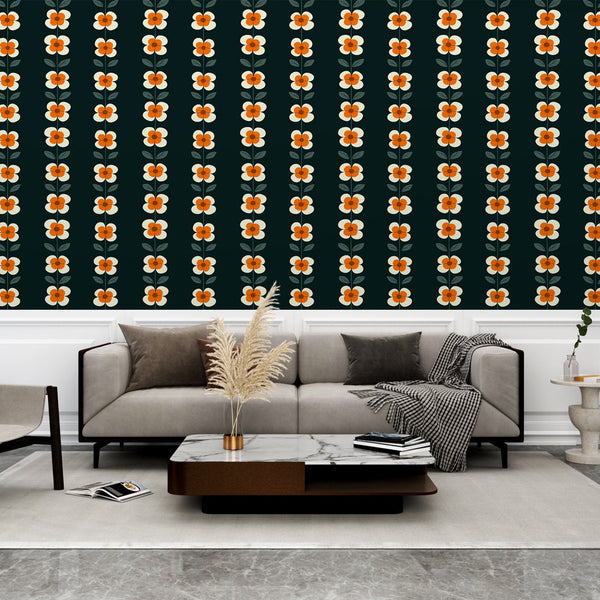 Vertical Floral Wallpaper | Orange White Bloom Black Mural