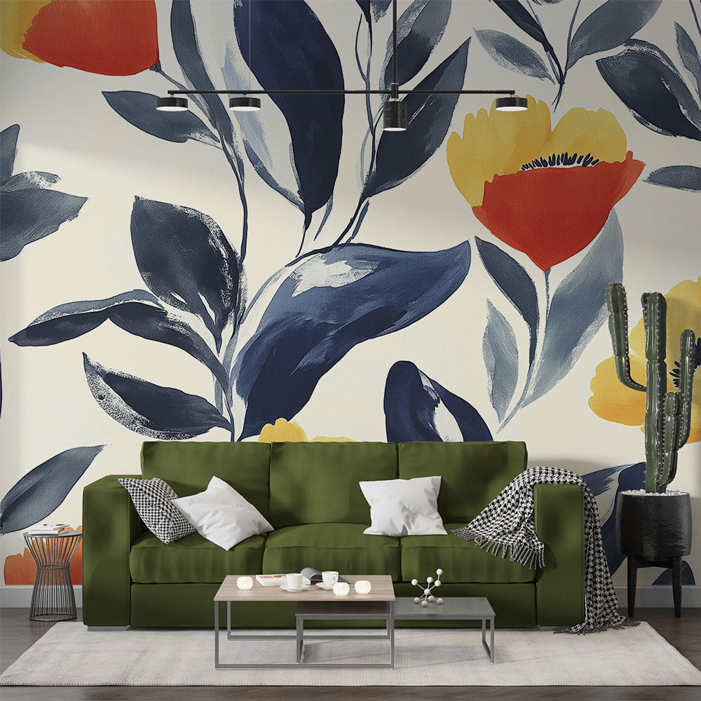Floral Wallpaper | Flowers & Navy Foliage Wall Mural