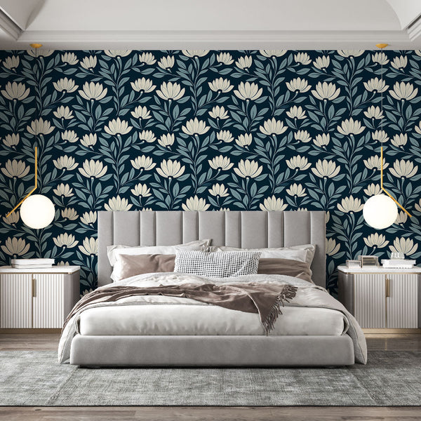 Floral Wallpaper | White Blossoms on a Navy Blue Ground