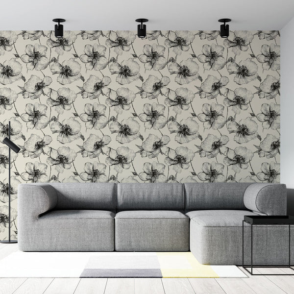 Delicate Floral Wallpaper | Black White Beige Wall Mural