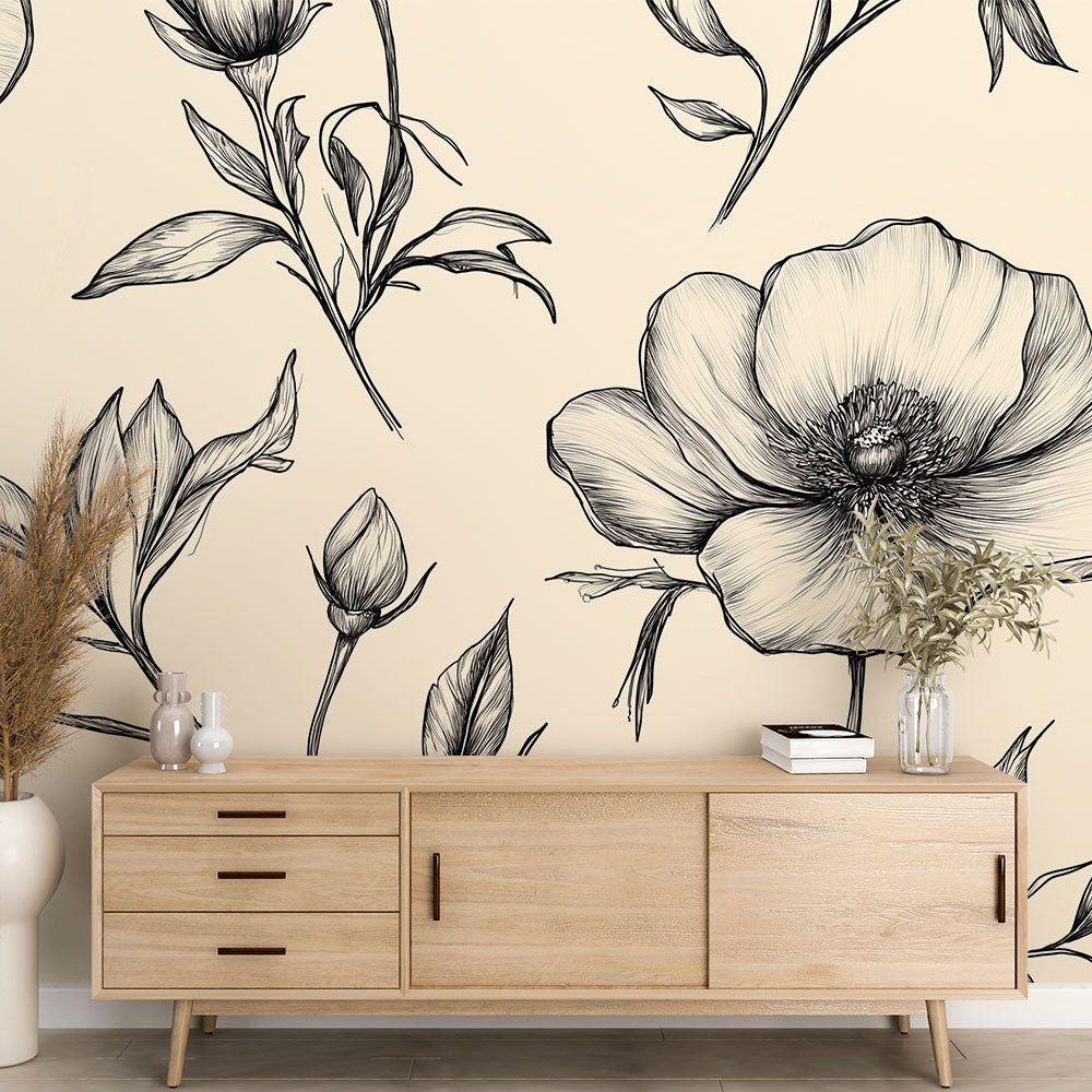 Floral Wallpaper | Black and White Blooms on Cream