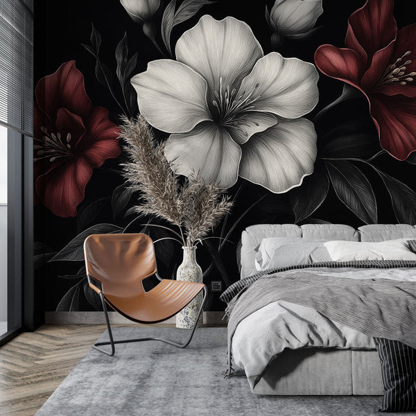 Black and White Floral Wallpaper | Red Blooms Wall Mural