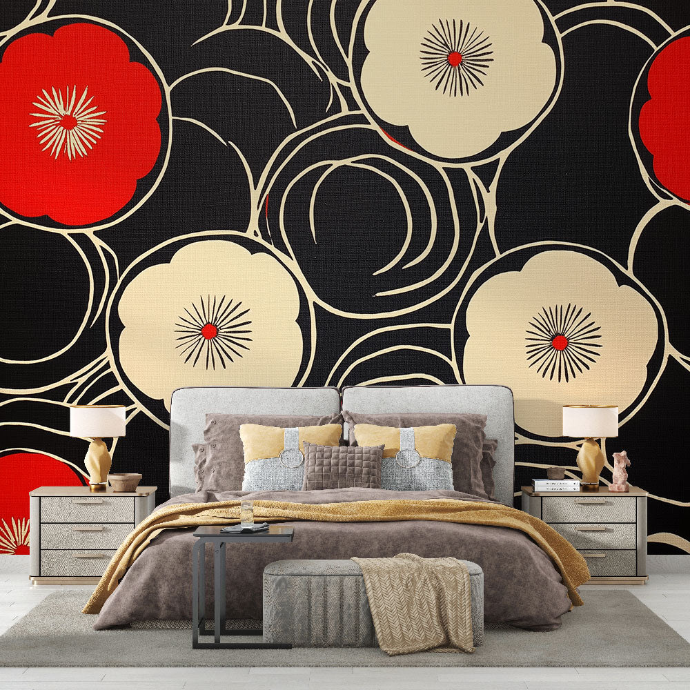 Floral Wallpaper | Geometric Red & White Blooms Wall Mural