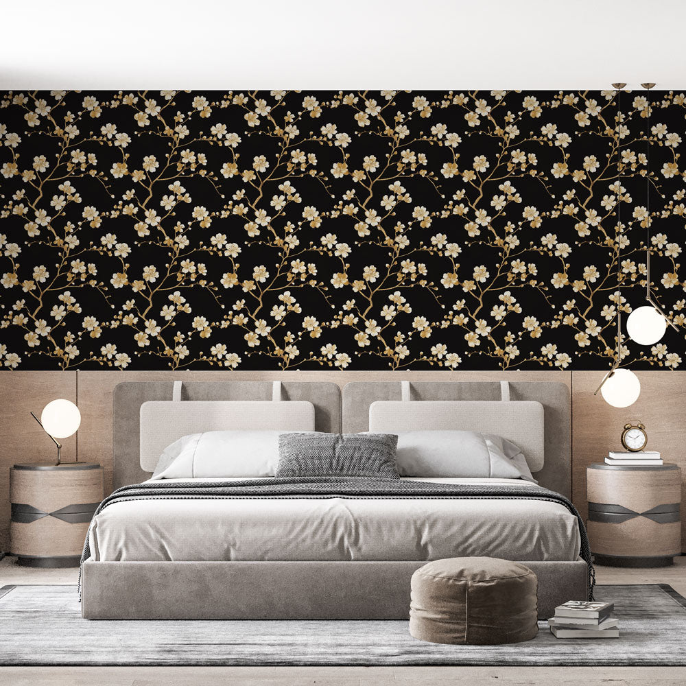 Black Floral Wallpaper | White Gold Branches Wall Mural