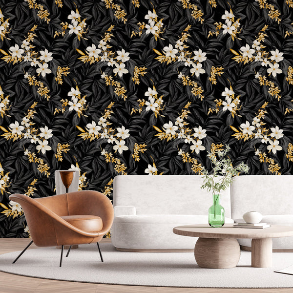 Dark Floral Wallpaper | White Blooms and Gold Foliage Wall Mural