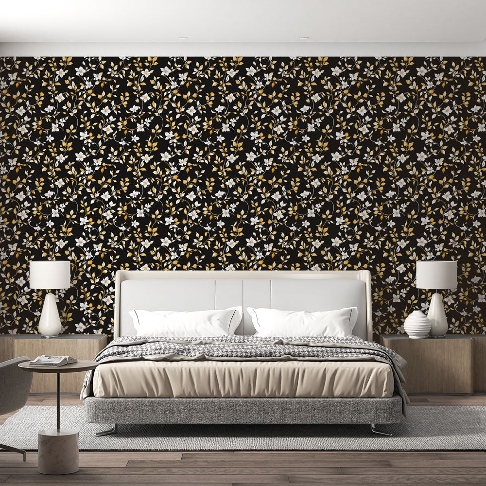Black Floral Wallpaper | White & Gold Flowers Mural