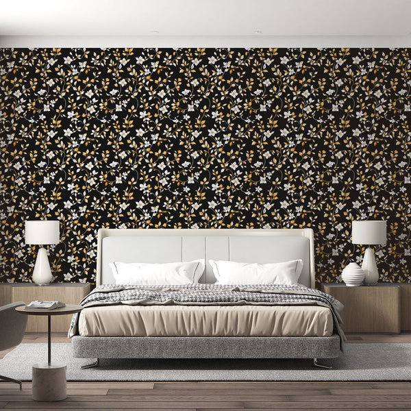 Black Floral Wallpaper | White & Gold Flowers Mural