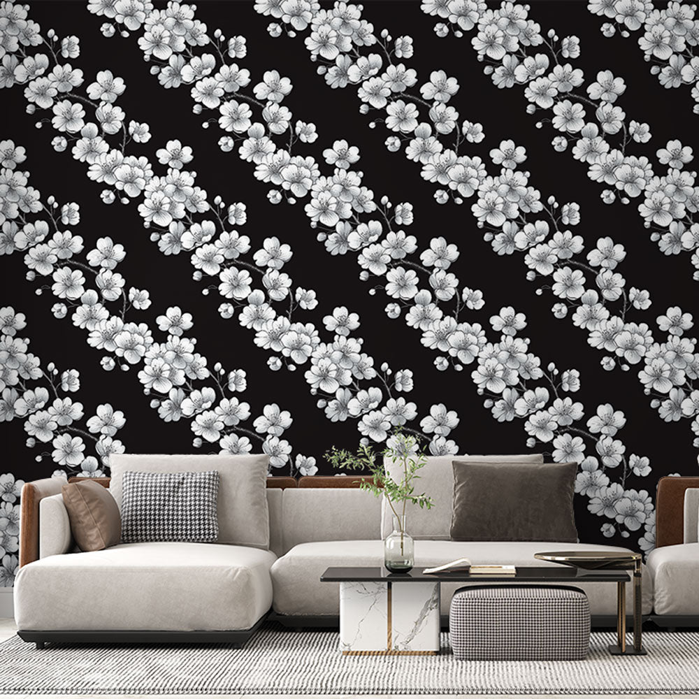 White Sketched Branches Black Wallpaper Mural