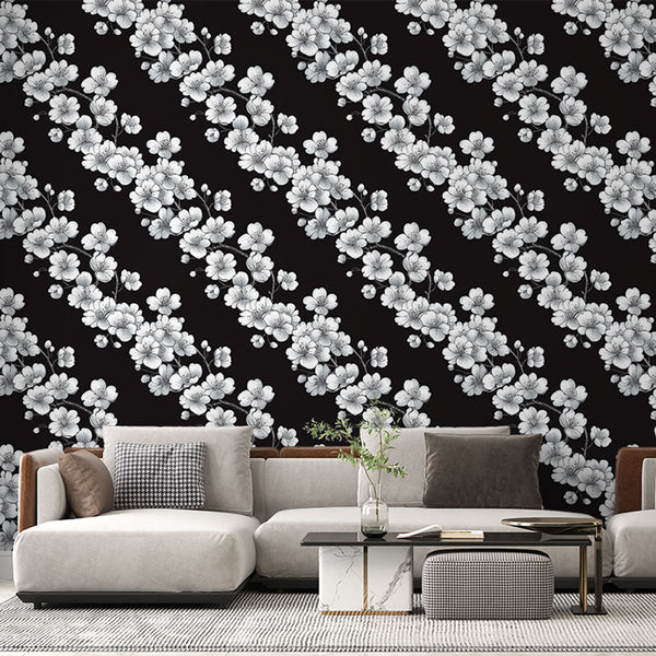 White Sketched Branches Black Wallpaper Mural