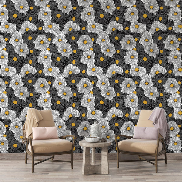 Black White Floral Wallpaper | Stylized Flowers Gold Touches